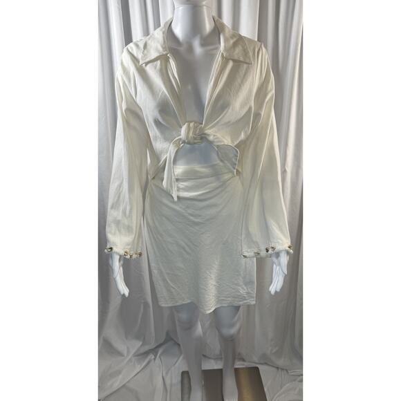 Zara Knotted Linen Blend Shell Sleeves Mini Dress, Cream, Sz: XL, 81-39 - Picture 4 of 16